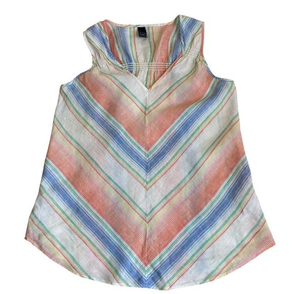 Gap 100% Linen Chevron Smocked Tank Top Blouse Rainbow Striped Vacation Beach - Picture 9 of 16